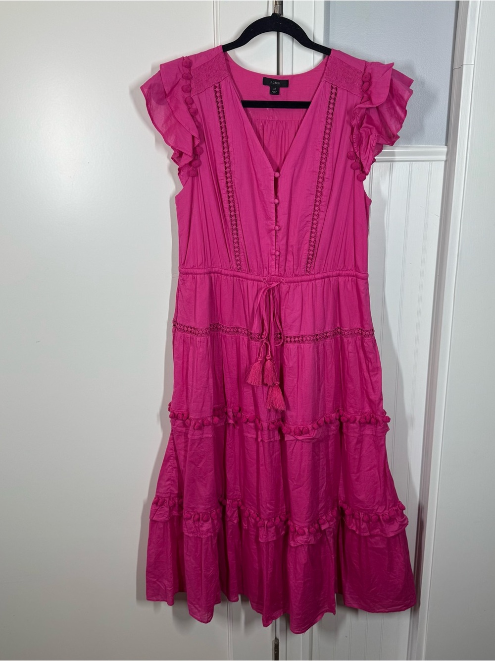 J. Crew Flamingo Pink Pom Pom Cotton Voile Midi Dress Size 12 vacation resort - Picture 2 of 9